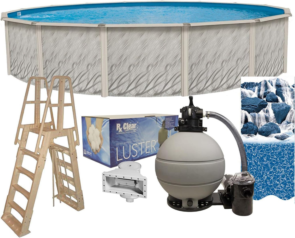 Lake Effect Pools 'Meadows Reprieve' 27 ft Round Above Ground Swimming Pool Bundle | 52 Inch Height | Steel Sided Walls | Kit Includes: 25 Gauge Liner, A-Frame Ladder, Sand Filter/Pump, & Skimmer