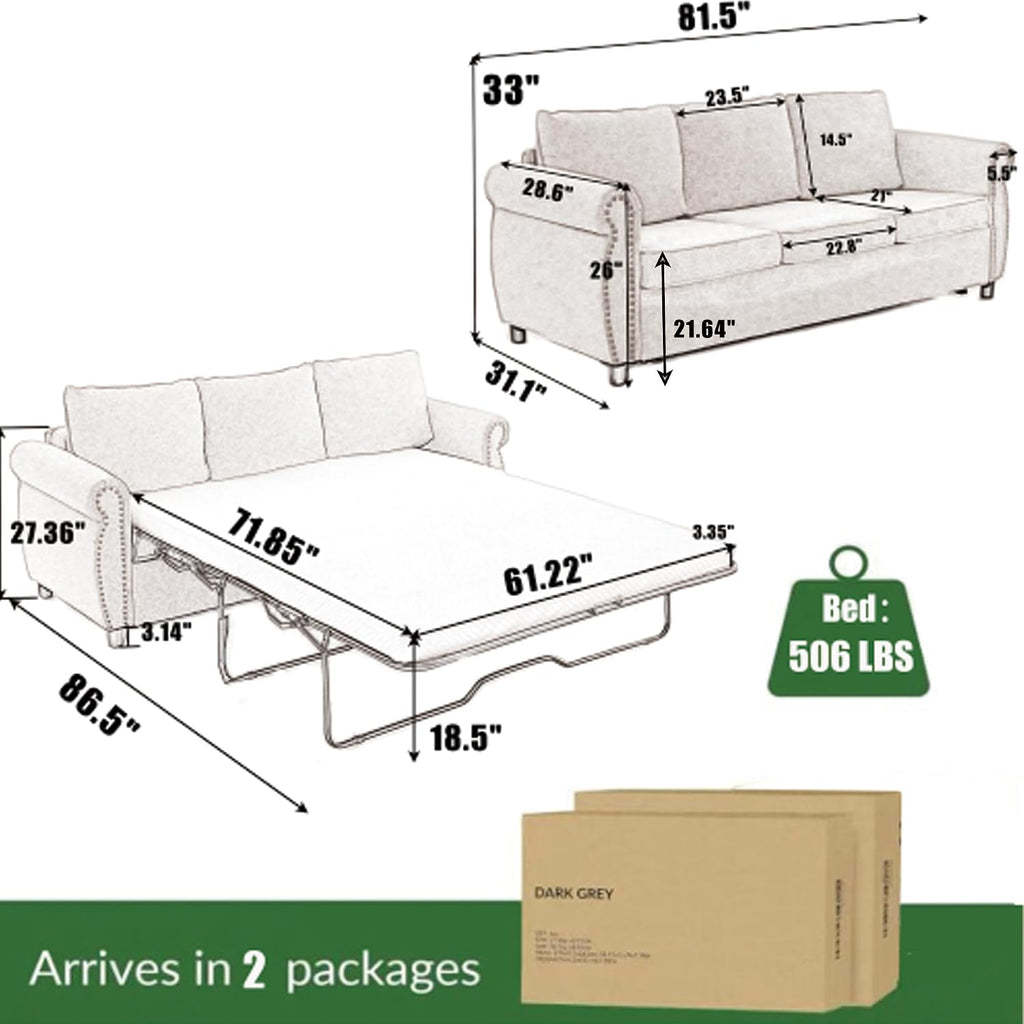 Sleeper Sofa Bed Full Size, Pull Out Couch with Mattress, 81.5'' 3 Seater Upholstery Sectional Couches, Modern Linen Convertible Sofa, Living Room Furniture for Small Spaces, Apartment, Beige | Memory Foam Mattress