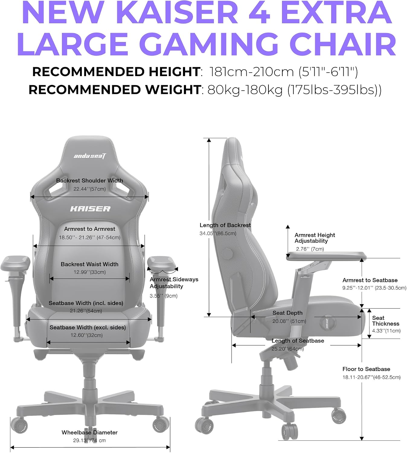 Anda Seat Kaiser 4 XL Gaming Chairs for Adults - Ergonomic Black Fabric Gaming Chairs with 6DArmrest, Comfortable Office Seat with Lumbar Support, Heavy Duty Wide Gamer Seat