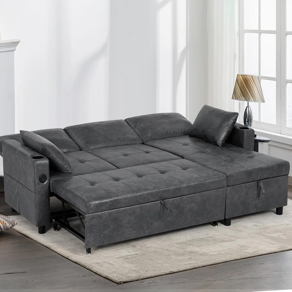 84 inches Suede Leather Sleeper Sofa w/Pull Out Bed, L-Shape Sectional Sofa Bed w/Adjustable Backrest and Storage Chaise, 3-Seats Upholstered Sofa Bed w/USB Port for Living Room, Grey