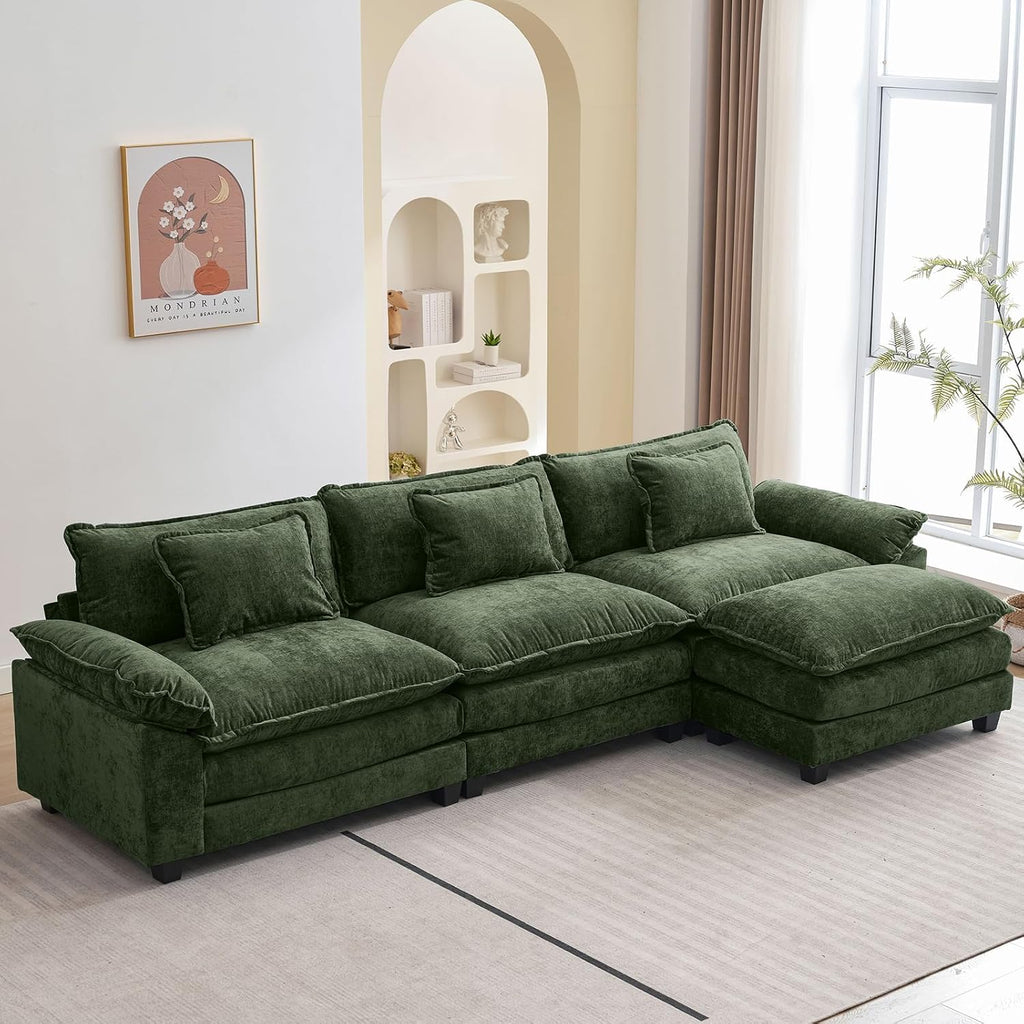 Oprisen 120' Modular Sectional Sofa, Comfy Cloud Couch Sectional Sofa with Ottoman, Chenille Sofa Sleeper Deep Seat Sofa with Throw Pillows for Living Room (Green, 120'- L Shape)