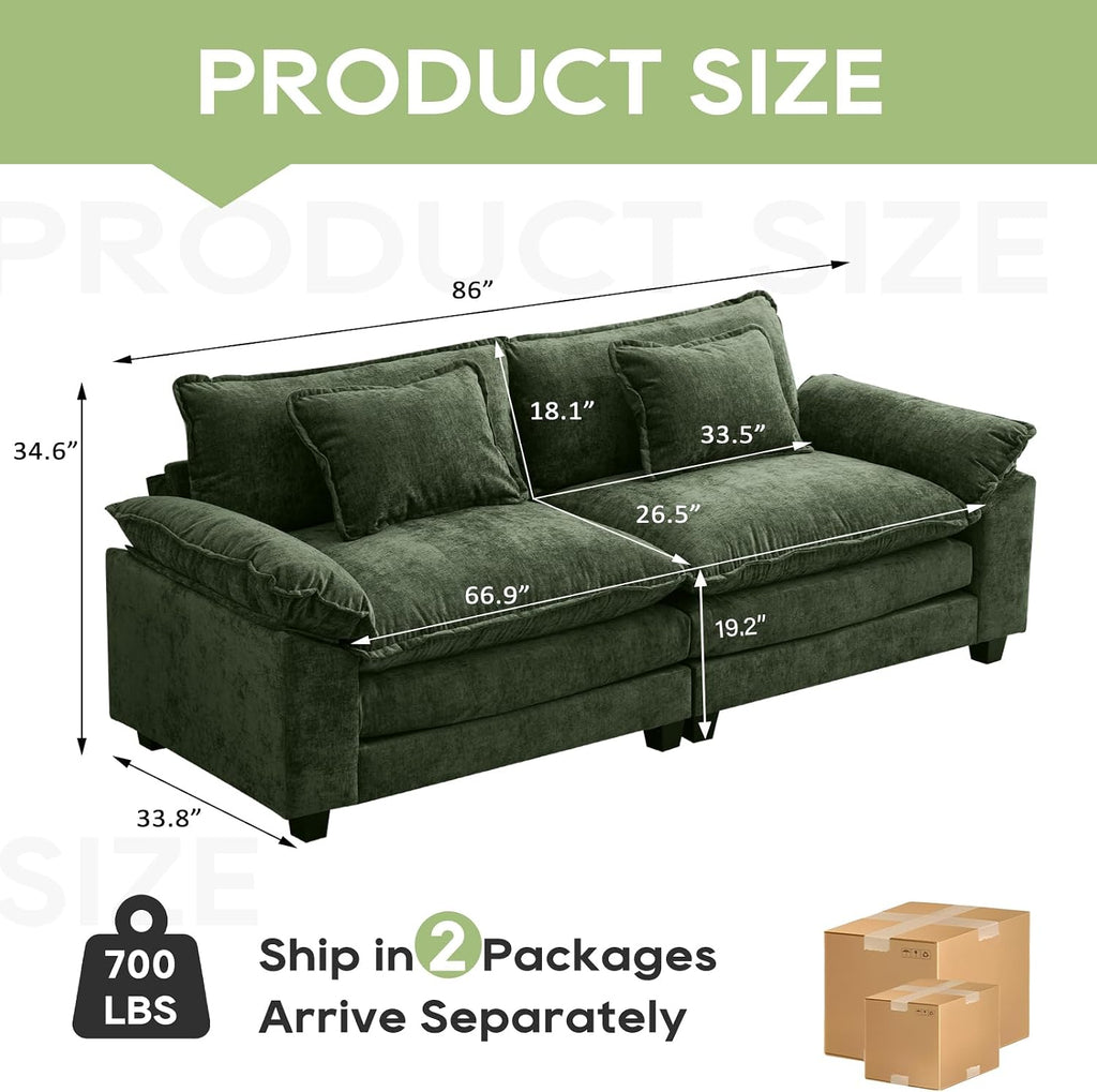 Oprisen 86' Modular Sectional Sofa, Comfy Cloud Couch Sectional Sofa, Chenille Sofa Sleeper Deep Seat Sofa with Throw Pillows for Living Room (Green, 86'- Loveseat)