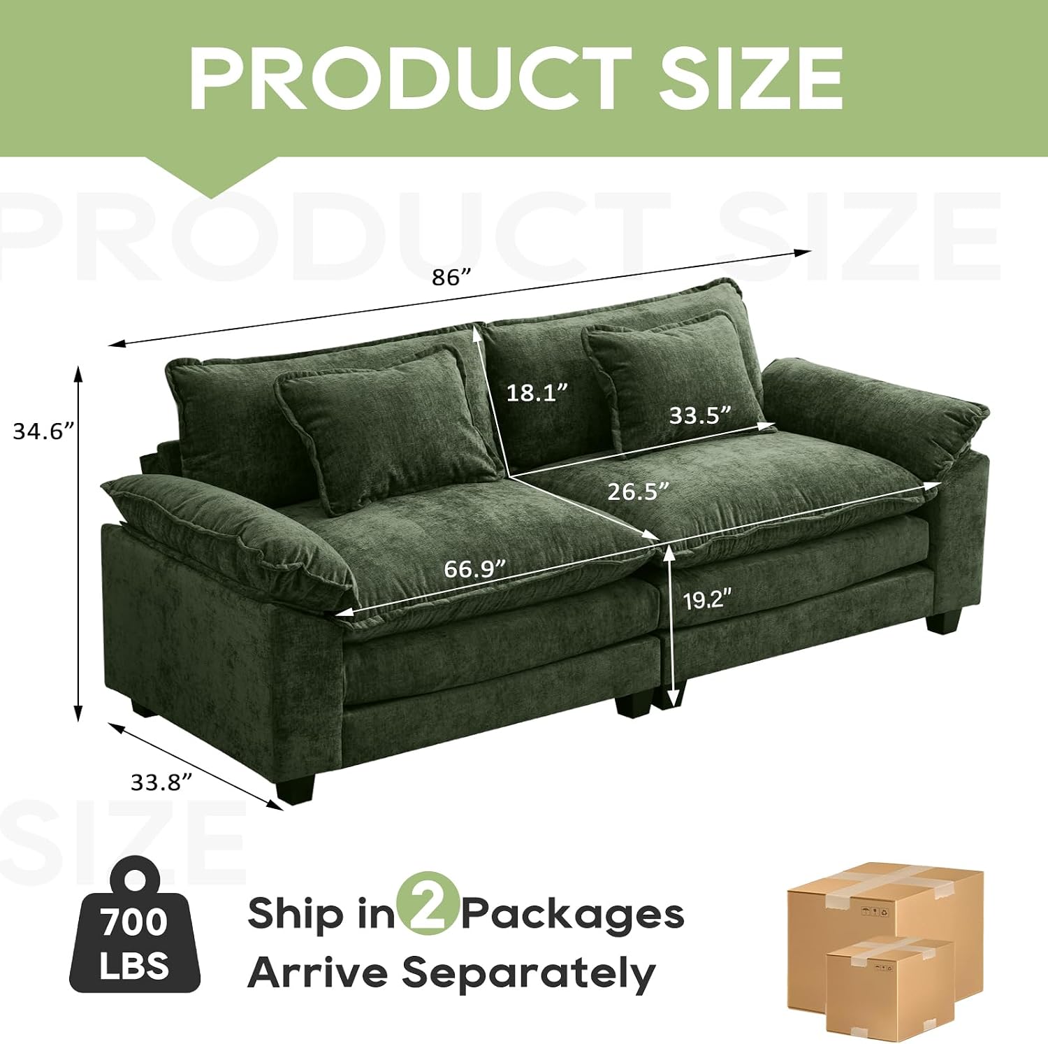 Oprisen 86' Modular Sectional Sofa, Comfy Cloud Couch Sectional Sofa, Chenille Sofa Sleeper Deep Seat Sofa with Throw Pillows for Living Room (Green, 86'- Loveseat)
