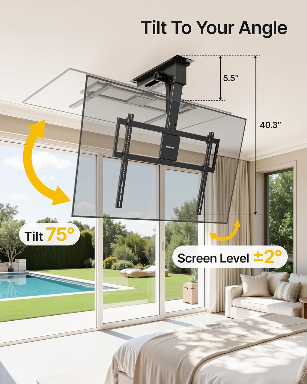 monTEK Motorized Ceiling TV Mount for 43-86 Inch TVs, Heavy-Duty 121lbs (4X Load Tested), Off-Center VESA Compatible, Electric Flip Down with Remote/App/Voice Control, Fits Flat & Pitched Roof