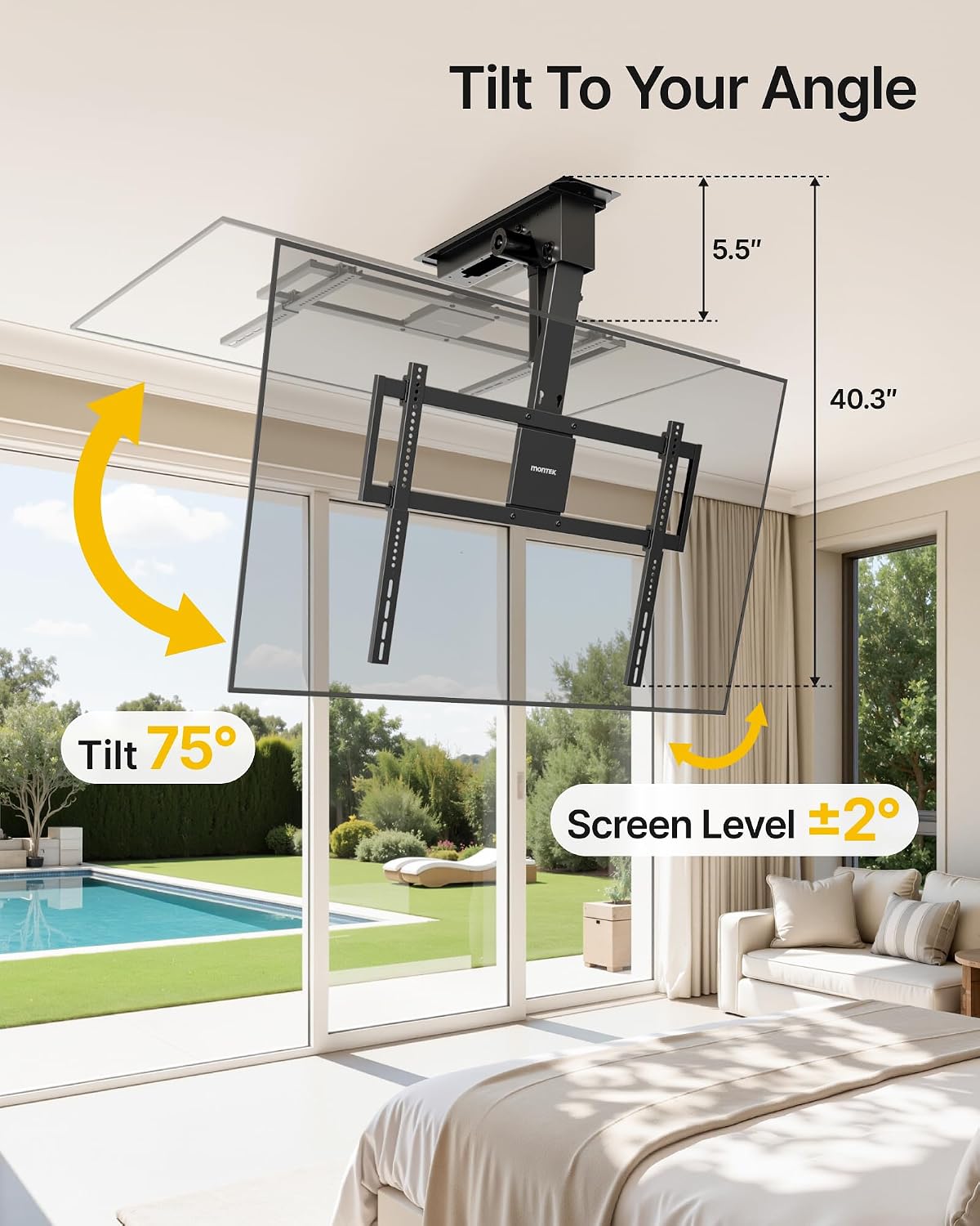 monTEK Motorized Ceiling TV Mount for 43-86 Inch TVs, Heavy-Duty 121lbs (4X Load Tested), Off-Center VESA Compatible, Electric Flip Down with Remote/App/Voice Control, Fits Flat & Pitched Roof