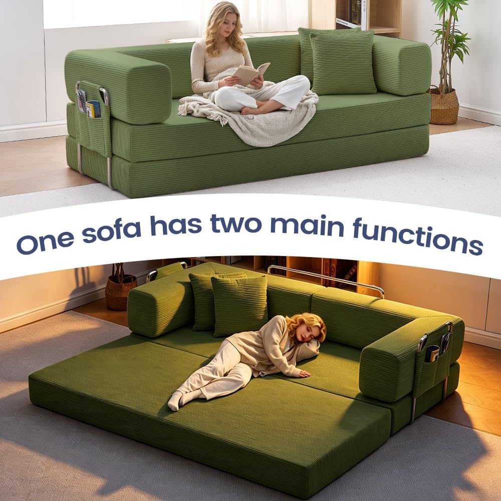 GEARIVY Folding Sofa Bed Convertable Corduroy Couch King Size Floor Sleeper 4-in-1 DIY Combination Modular Sofa Fold Out Futon Lounge Comfy Foldable Lazy cama for Living Room (Green, 70.86')