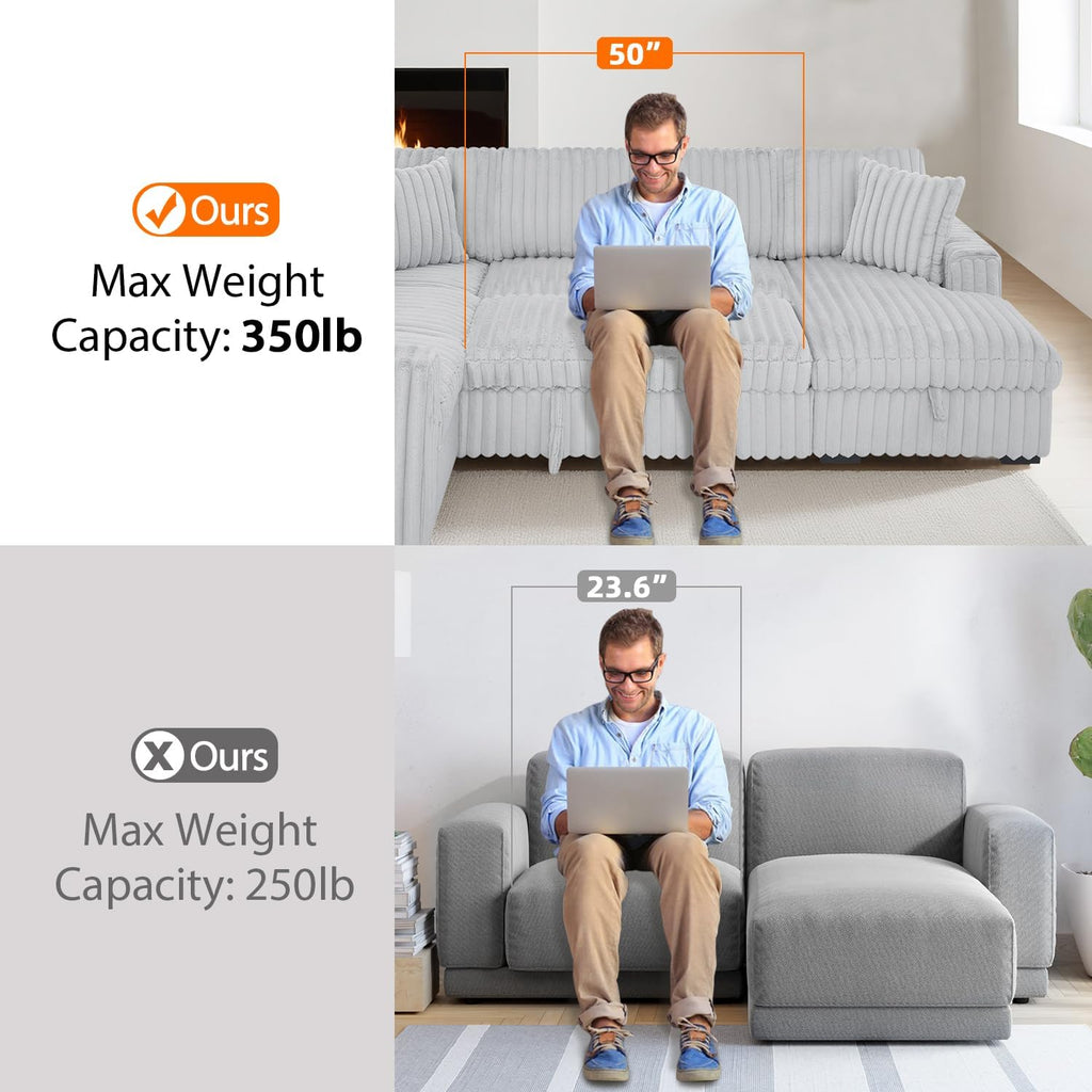Oversized Sectional Sleeper Sofa with Pull Out Bed,3 Pillows,Type-C USB Port,Storage Chaise Lounge,U-Shaped 7 Seat Fuzzy Rabbit Plush Large Sectional Sofa Bed for Living Room,122 Inch,Grey