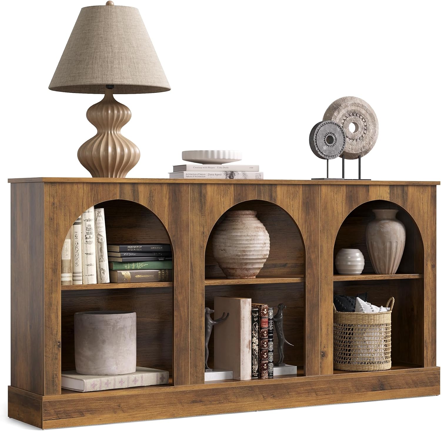 LITTLE TREE 63' Modern Console Sofa Table with 3-Tier Storage, Wooden Rectangular Foyer Table, for Entrance, Hallway, Living Room, Rustic Brown