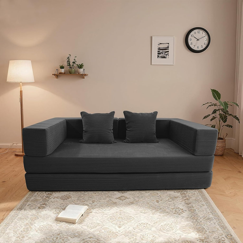 5‑in‑1 Futon Sofa Bed Queen – Floor Foldable Convertible Sofa Couch with L‑Shaped Armrests, Removable Cover, Grey Convertible Guest Bed | Space‑Saving Fold‑Out Mattress Lounge for Living Room/Bedroom