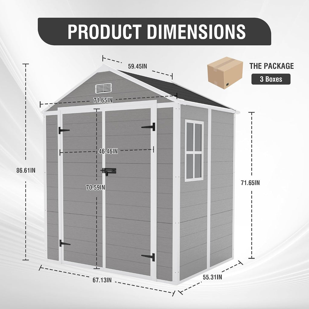 YOPTO 6x5 FT Resin Outdoor Storage Shed with Floor, All-Weather Plastic Shed with Lockable Doors, Window & Vents, Utility Plastic Tool Shed Storage House for Backyard, Patio, Light Grey