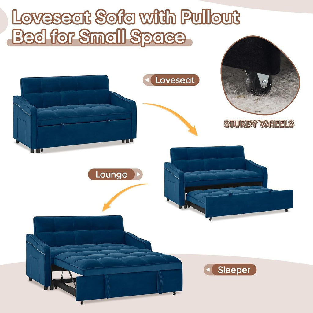 Antetek 3 in 1 Sleeper Sofa Couch Bed with USB & Type C Port, 52' Small Modern Convertible Tufted Velvet Loveseat Sofa w/Pull Out Bed for Living Room Small Space Apartment, Blue
