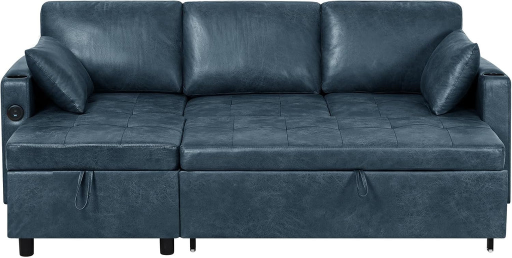 84' L-Shape Pull Out Sofa Bed with Adjustable Backrest, Upholstered Sectional Sleeper Sofa with Storage Chaise, Suede Leather Reversible Couch Bed with USB Port for Living Room, House, Blue