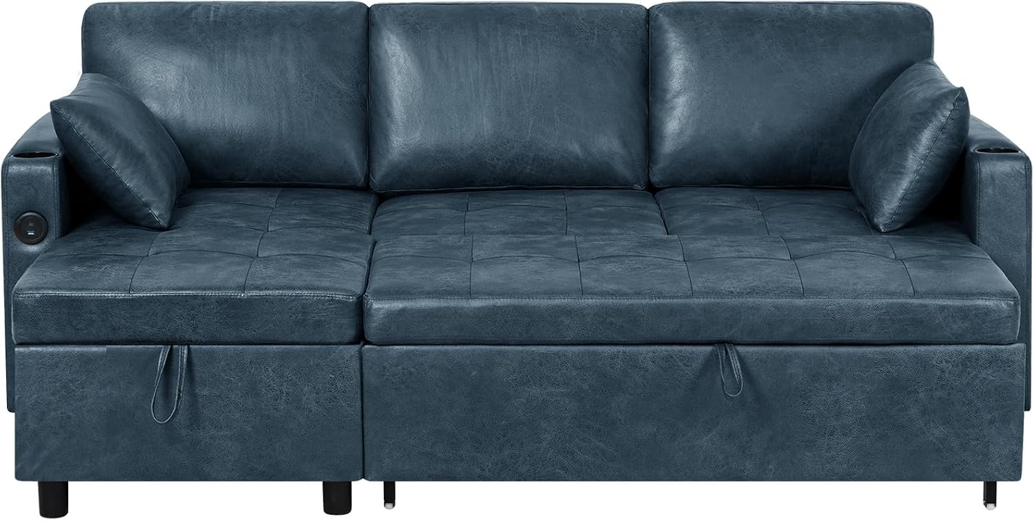 84' L-Shape Pull Out Sofa Bed with Adjustable Backrest, Upholstered Sectional Sleeper Sofa with Storage Chaise, Suede Leather Reversible Couch Bed with USB Port for Living Room, House, Blue