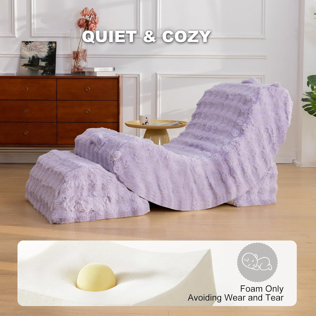 3-in-1 Adjustable Zero Gravity Floor Chair, Oversized Faux Fur Boneless Chair for Adults with Memory Foam & Washable Cover, Silent Rocker Recliner Lounge Chair for Reading, Nursing, Gaming, Purple
