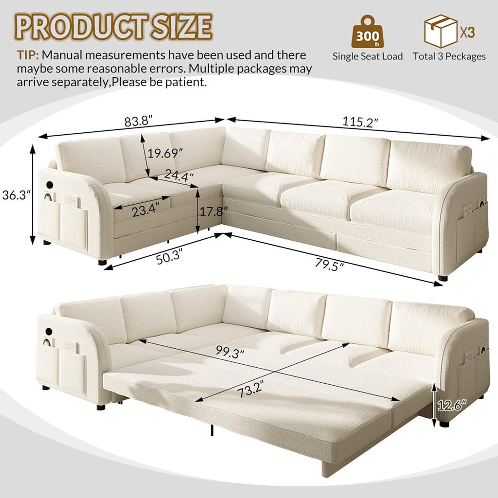 ITVZ King Size Sleeper Sofas Convertible Couches, White L Shaped Sectional Couch with Pull Out Bed, Oversized 6-Seat Sectional Sofa with Convert Left/Right Facing and USB Port for Living Room