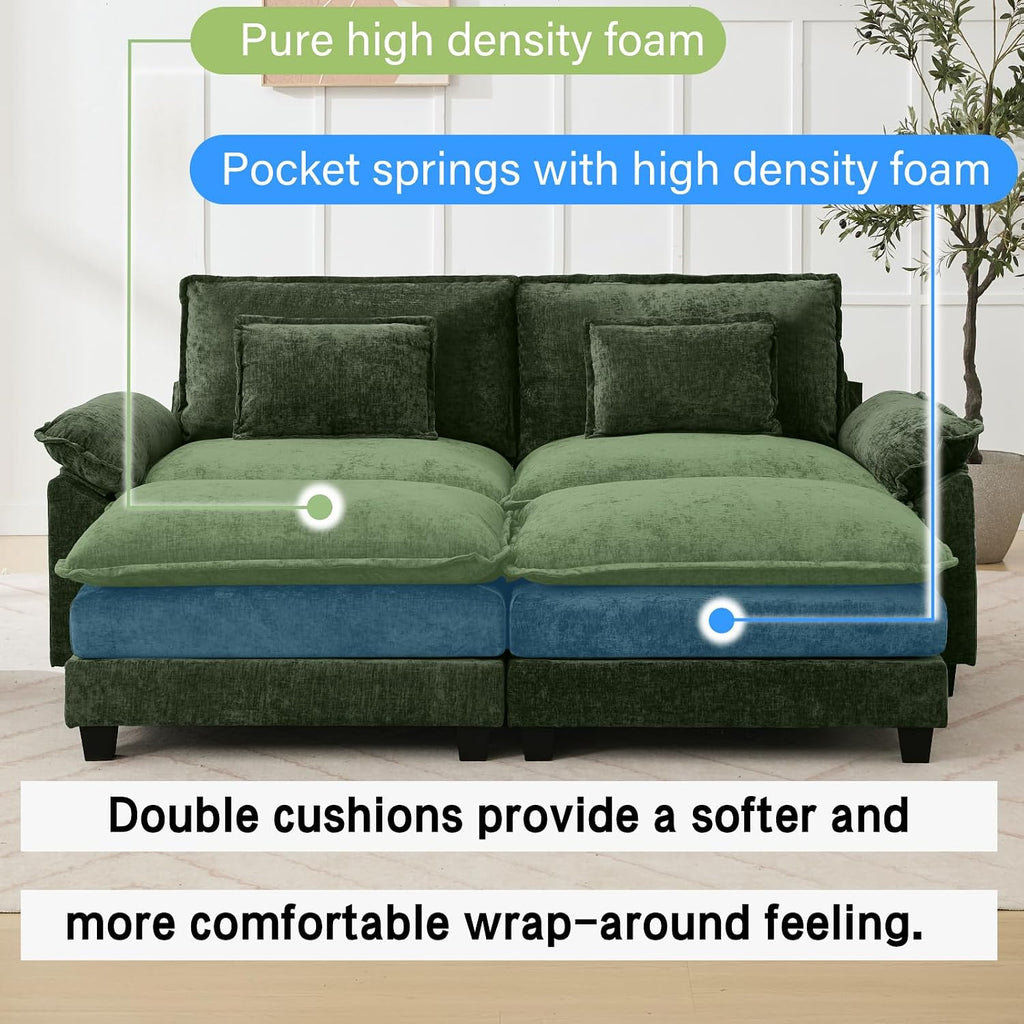 Oprisen 86' Modular Sectional Sofa, Comfy Cloud Couch Sectional Sofa with Ottoman, Chenille Sofa Sleeper Deep Seat Sofa with Throw Pillows for Living Room (Green)