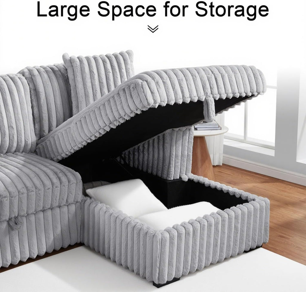 122 Inch Oversized U-Shaped Corduroy Sectional Sleeper Sofa with Pull Out Bed, Fluffy Plush Convertible Couch Bed with Storage Chaise for Living Room, Grey