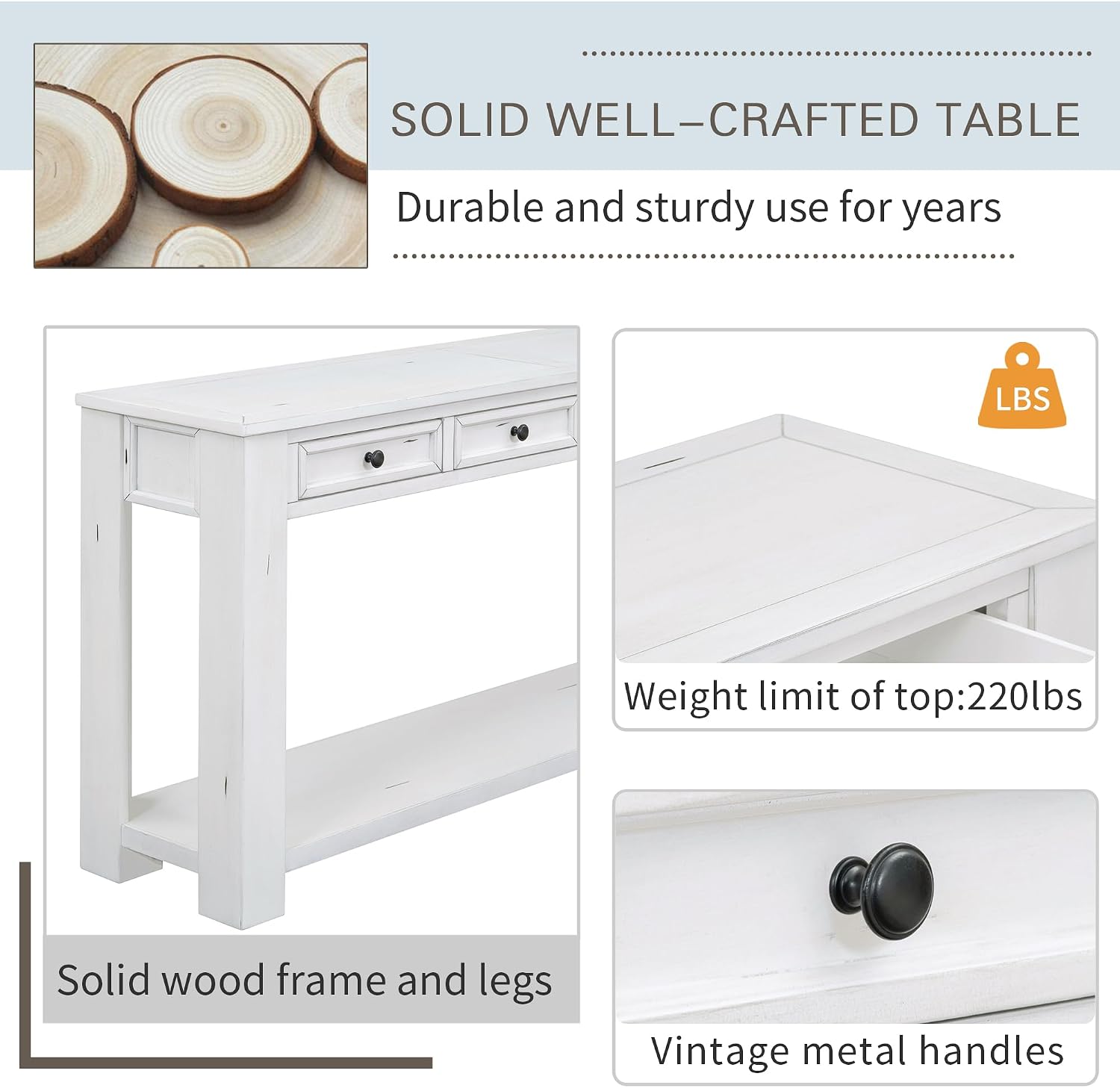Merax Console Table, 63' Long Extra-Thick Entryway Table Sofa Table with 4 Drawers and Open Shelf for Entryway, Hallway, Living Room (Antique White)