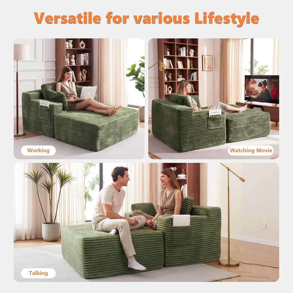 67' Oversized Chaise Lounge Chair Indoor with Ottoman and Double Side Pockets, Corduroy Deep Seat Couch, Boneless Couches for Living Room, No Assembly, Green