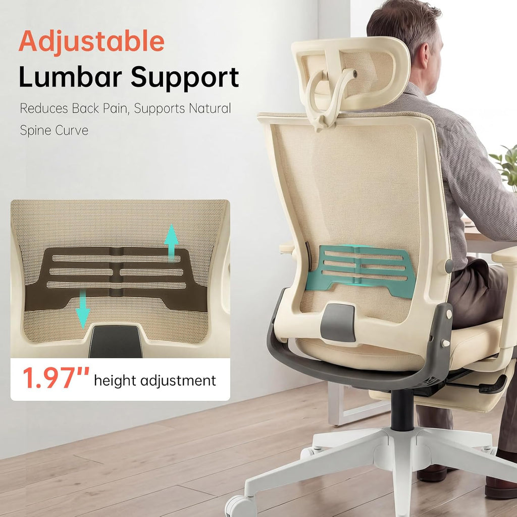 Foldable Office Chair with Foot Rest, Ergonomic Office Chair with Adjustable Lumbar Support, Headrest, Armrest, Home Office Desk Chair for Space Saving, Work from Home, Cream