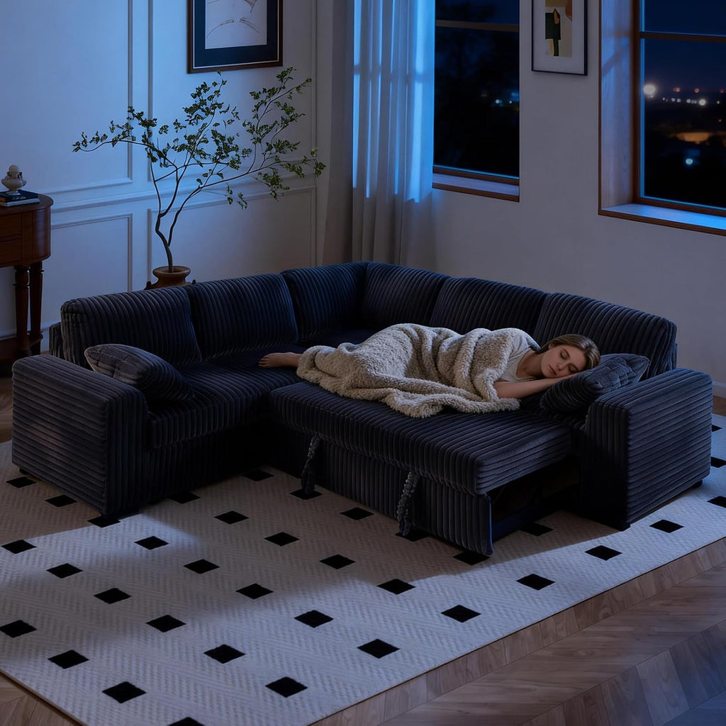 Yafylly 91' L-Shaped Sectional Sofa Bed with Recliner, Pull-Out Sleeper & Chaise Lounge, Convertible Corduroy Sofa for Apartment Living Room, Bedroom Dark Grey