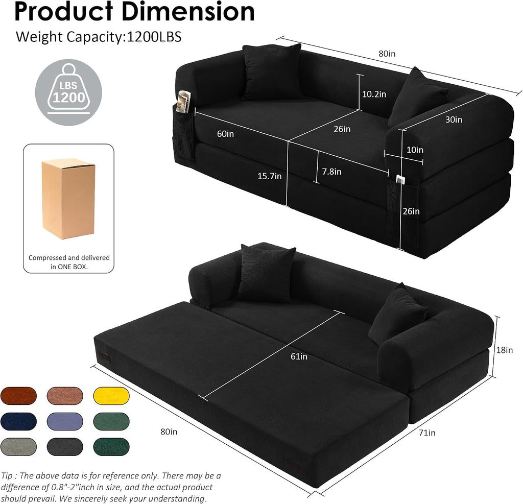 80' Convertible Sofa Bed, Corduroy Deep Seat Folding Pull Out Couch with Pillows, No Assembly Modern Boneless Couch Compression Sofa in Box, Floor Sofa with Storage Pocket for Living Room,Black