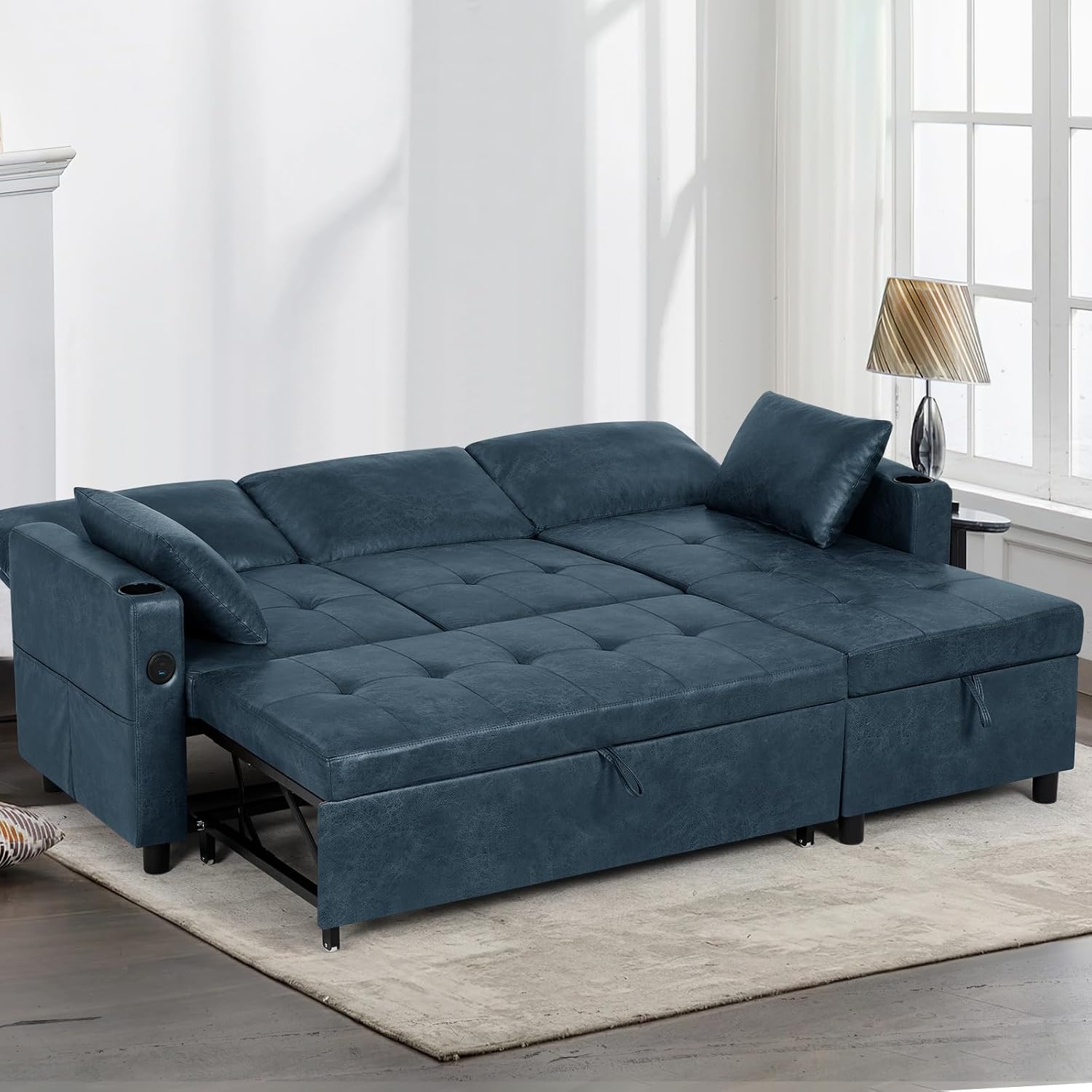 84' L-Shape Pull Out Sofa Bed with Adjustable Backrest, Upholstered Sectional Sleeper Sofa with Storage Chaise, Suede Leather Reversible Couch Bed with USB Port for Living Room, House, Blue