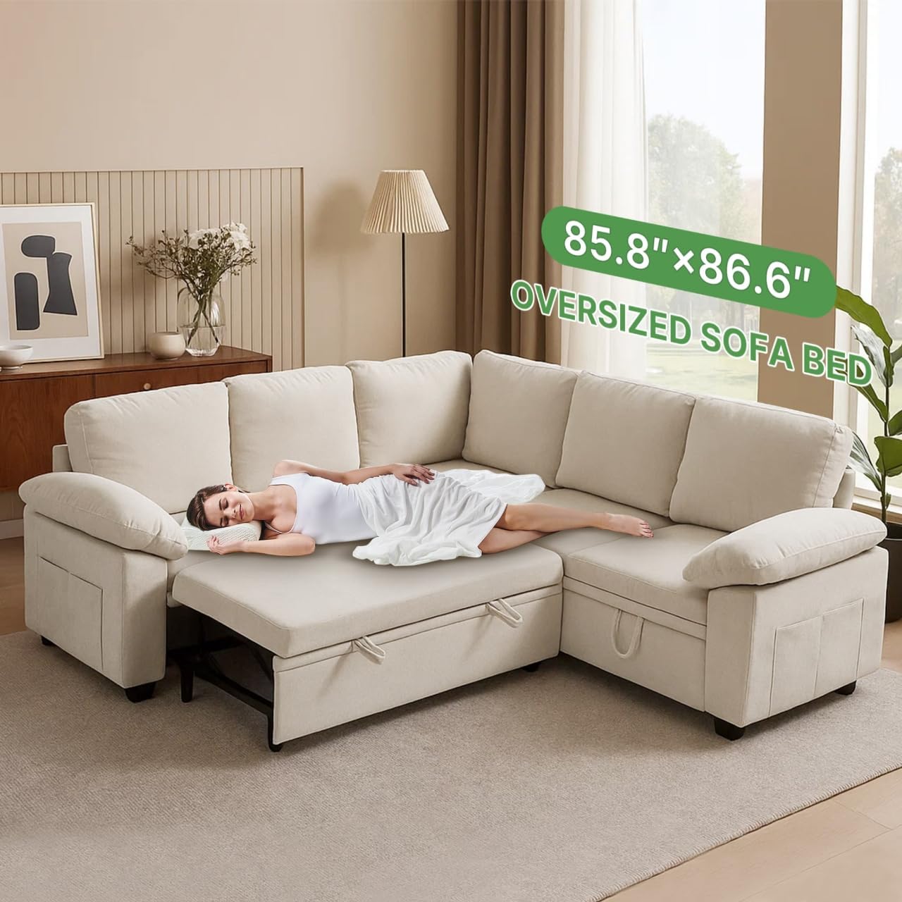 Modular Sectional Sofa with Pull Out Bed Sleeper Sofa L Shaped with Storage, Sectional Couch for Living Room Convertible Sofa Bed with Removable Sofa Cover(5 Seats Beige)
