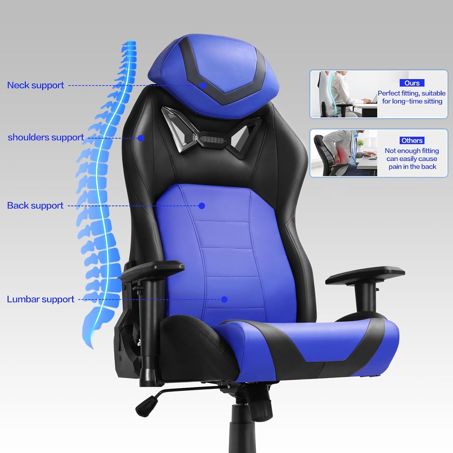 Modern-Depo Video Gaming Chair with 360°-Swivel Seat and Headrest | High-Density Memory Foam Ergonomic Office Chair, Big and Tall Computer Chair for Home, Office, Blue Black