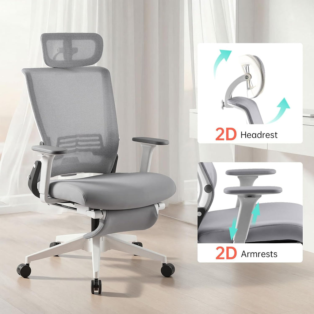 Foldable Office Chair with Foot Rest, Ergonomic Office Chair with Adjustable Lumbar Support, Headrest, Armrest, Home Office Desk Chairs for Space Saving, Grey