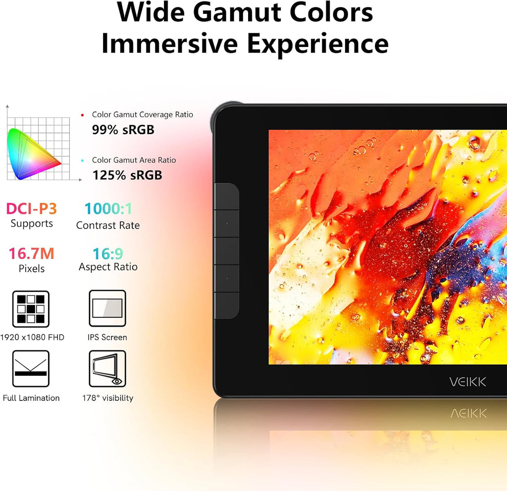 VEIKK Studio 16 Drawing Tablet with Screen, 15.6 Inch Pen Display Full-Laminated Anti-Glare Glass (125% sRGB)，16384 Pressure Battery-Free Pen (2 Pcs), 5 Shortcut Keys and Quick Dial, Adjustable Stand
