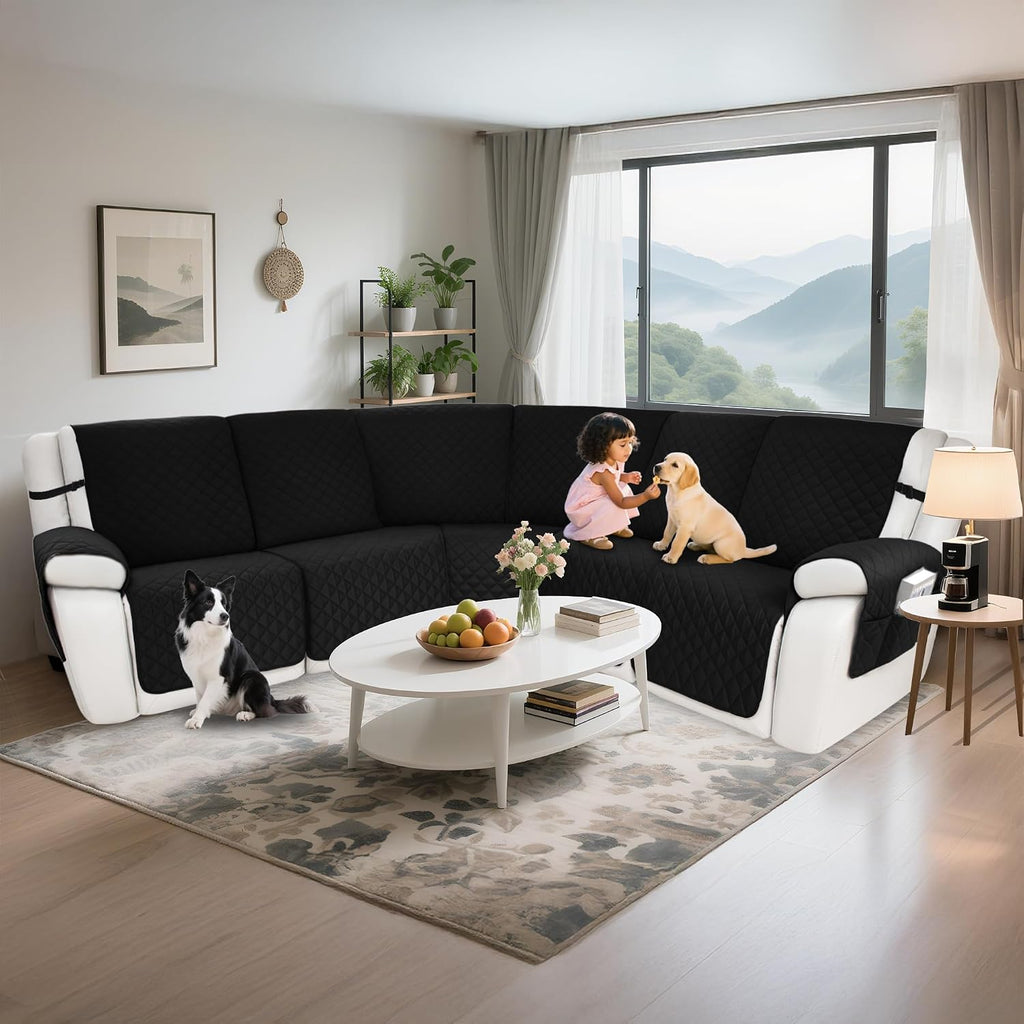 Waterproof Sectional Reclining Couch Covers L Shaped Recliner Sectional Sofa Cover 7 Piece Non Slip Washable Corner Recliner Slipcover Set for Pet Dog (5 Seater Cover, Charcoal Black)