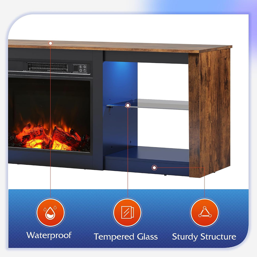 WLIVE 58 Inches Fireplace TV Stand with LED Lights, Modern Entertainment Center with 18'' Electric Fireplace & Adjustable Glass Shelves, Sturdy Media Console for Living Room, Bedroom (Brown)