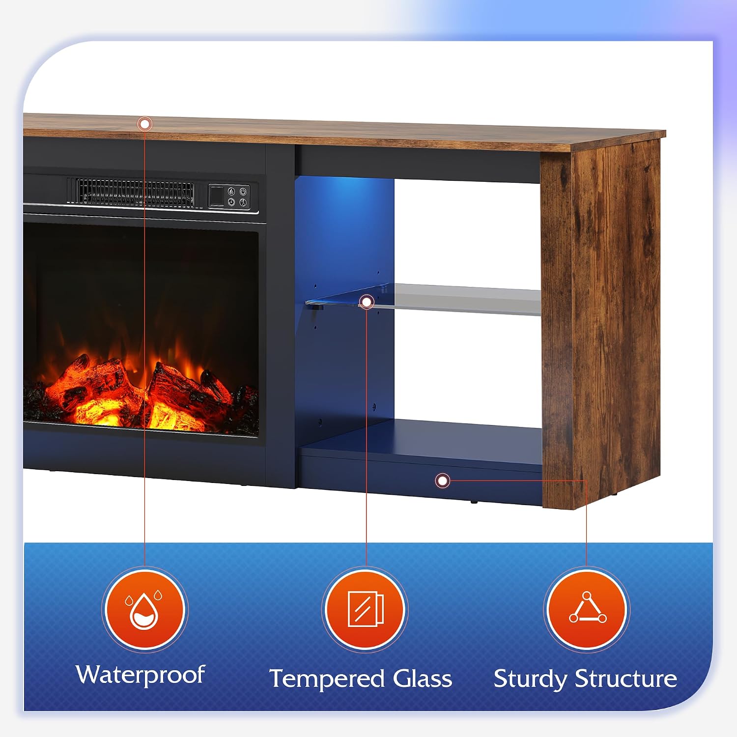 WLIVE 58 Inches Fireplace TV Stand with LED Lights, Modern Entertainment Center with 18'' Electric Fireplace & Adjustable Glass Shelves, Sturdy Media Console for Living Room, Bedroom (Brown)