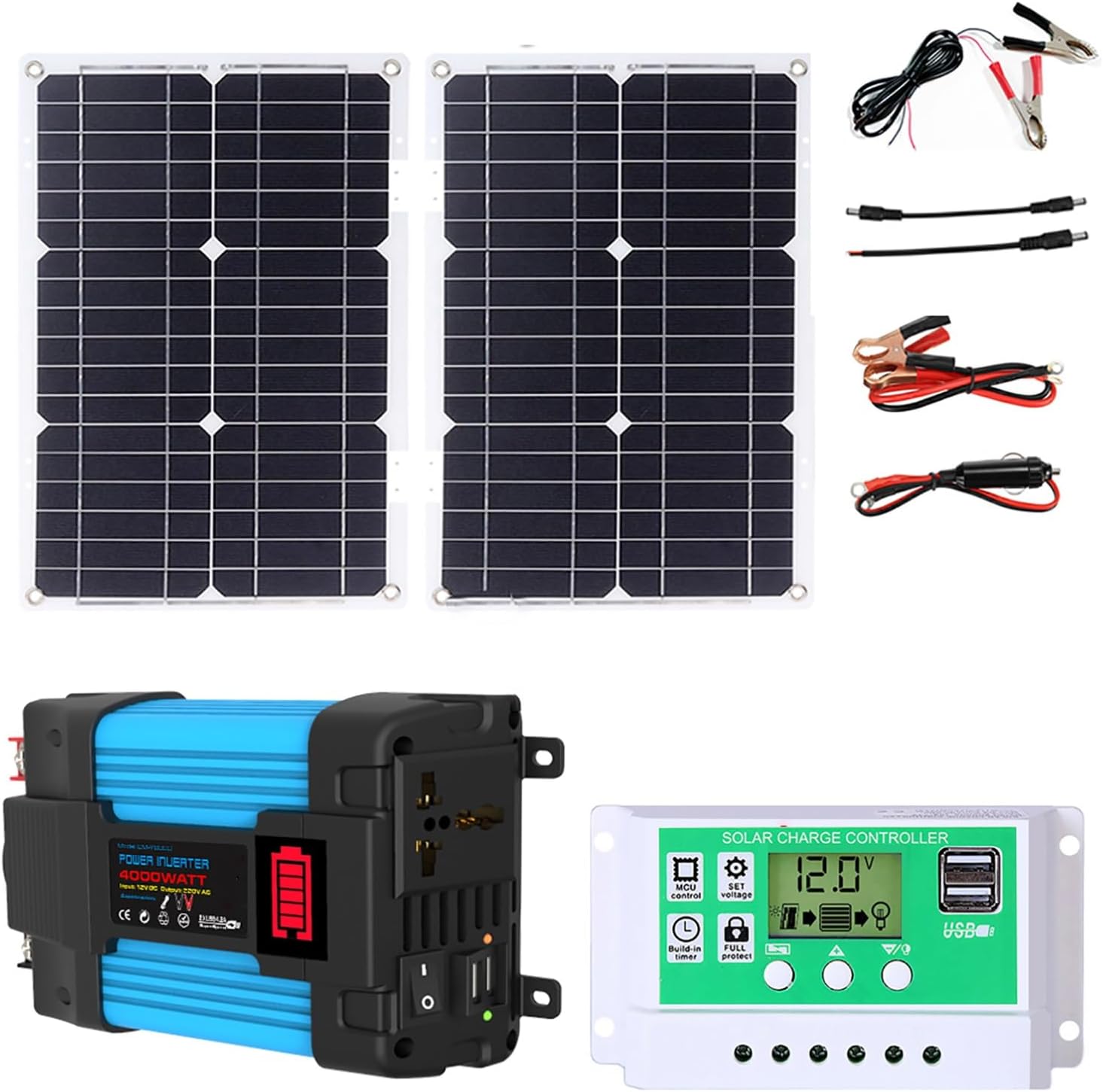 Inverter Solar Panel Kit 4000W 6000W 12V to 110V/220V Solar System Combo Solar Generator Home Grid System 50W Folding Photovoltaic Panel + 50A Controller(4000W,12V-110V)