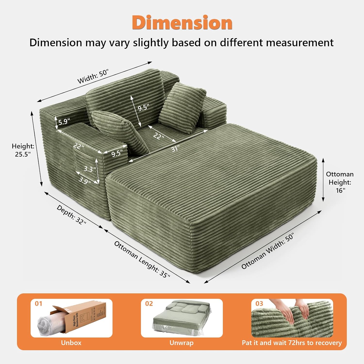 67' Oversized Chaise Lounge Chair Indoor with Ottoman and Double Side Pockets, Corduroy Deep Seat Couch, Boneless Couches for Living Room, No Assembly, Green