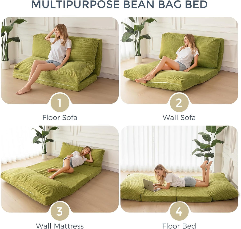 MAXYOYO Folding Sofa Bed, Extra Thick and Long Floor Sofa Convertible Sleeper Chair with Washable Cover, Floor Couch Lounge Bean Bag Bed for Living Room, Green, 54x95 Inch
