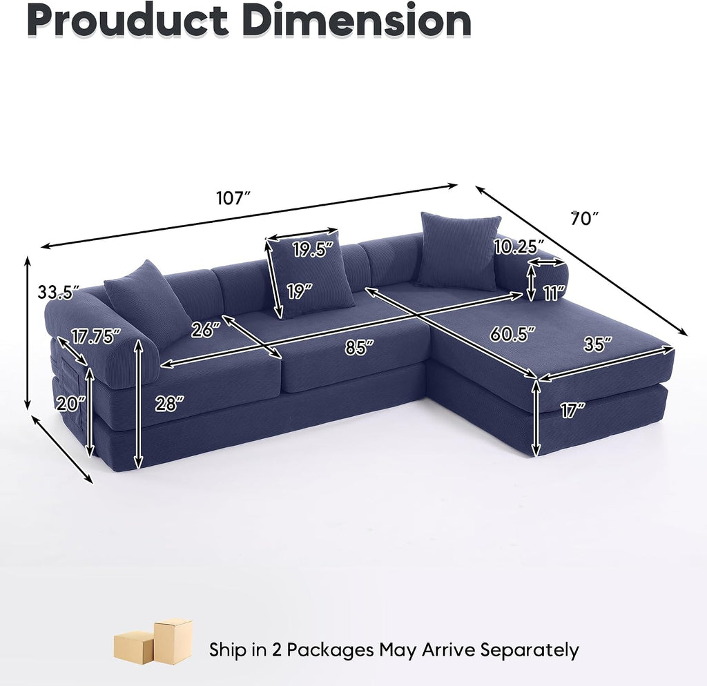 Modular L Shaped Sofa Bed with Cylindrical Pillow & Reversible Chaise, Corduroy Convertible Floor Boneless Sofa Couch Bed with Fixed-Shape Frame & Storage Pocket for Living Room, Blue