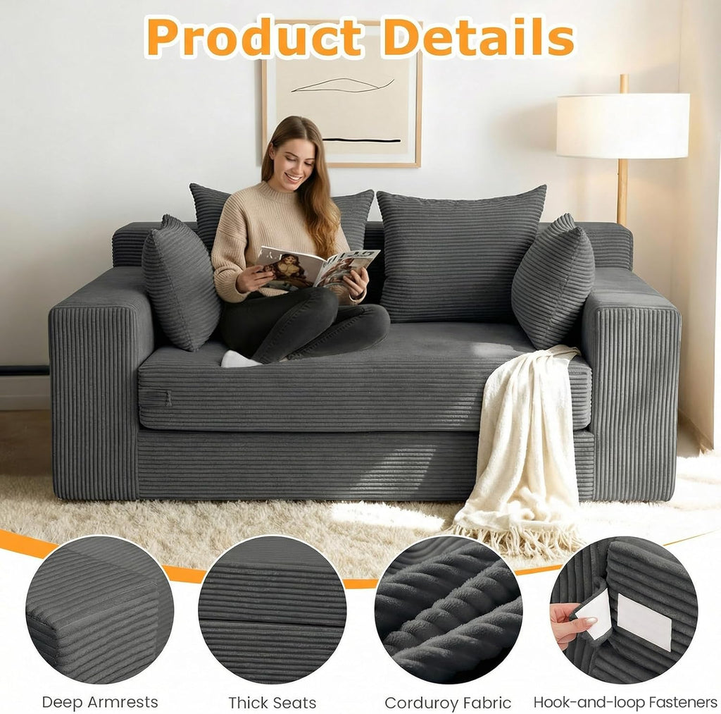 Winzon Boneless Loveseat, 3 in 1 Convertible Sofa Bed Sleeper Sofa Floor Futon Bed with 4 Pillows, 55' Grey Boneless Couch for Living Room, Guest Room, Small Space, No Assembly Required, Corduroy