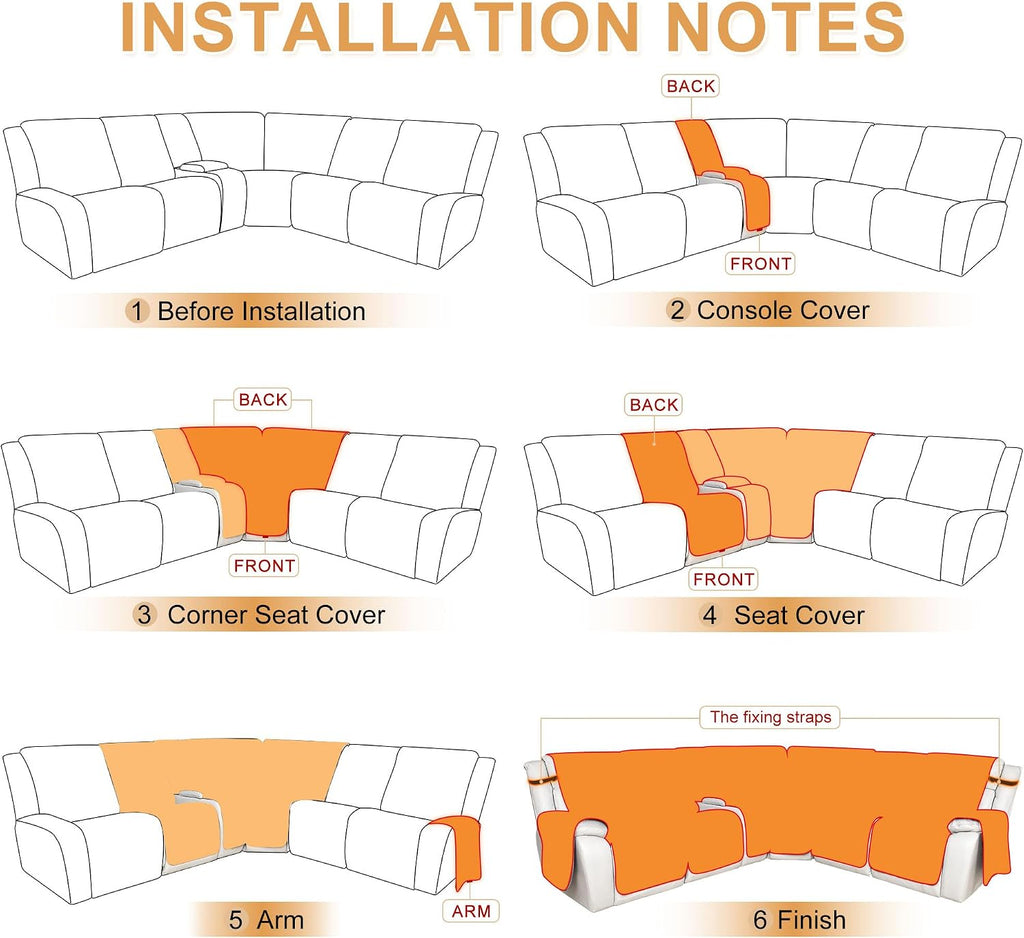 HDCAXKJ 100% Waterproof Reclining Sectional Couch Covers L Shape Recliner Sofa Cover Washable Quilted Soft Pet Dog Corner Recliner Slipcovers with Pockets (5 Seat and 1 Middle Console, Deep Camel)