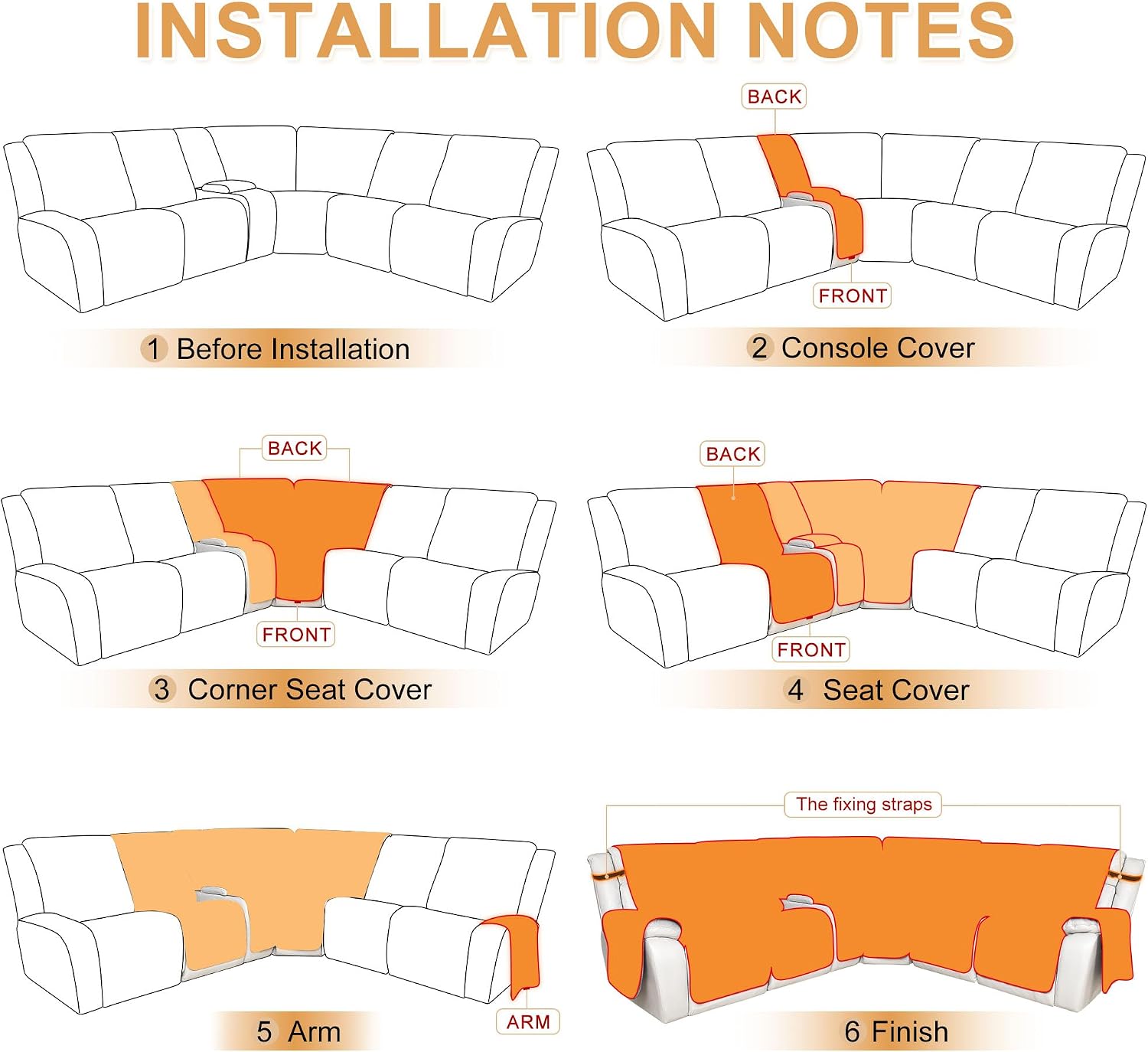 HDCAXKJ 100% Waterproof Reclining Sectional Couch Covers L Shape Recliner Sofa Cover Washable Quilted Soft Pet Dog Corner Recliner Slipcovers with Pockets (5 Seat and 1 Middle Console, Deep Camel)