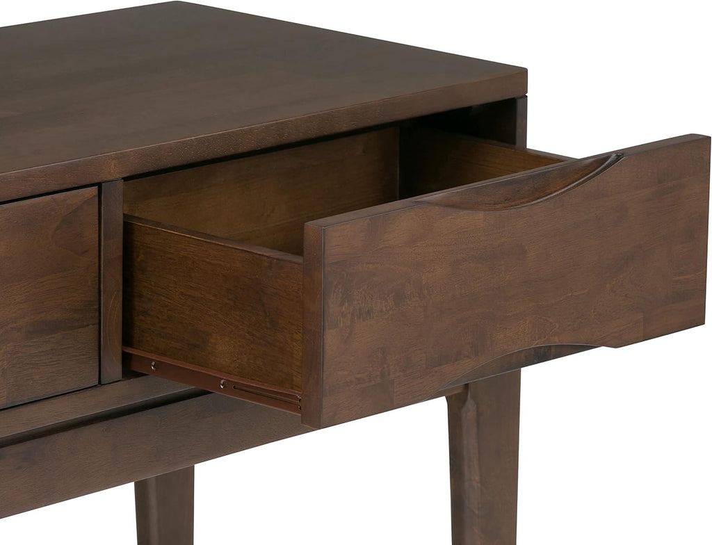 SIMPLIHOME Harper Console Table - 54 Inch Wide Solid Hardwood Sofa Table in Walnut Brown, Mid-Century Modern Storage Table for Entryway or Living Room with 3 Drawers, Notched Handles, and Tapered Legs