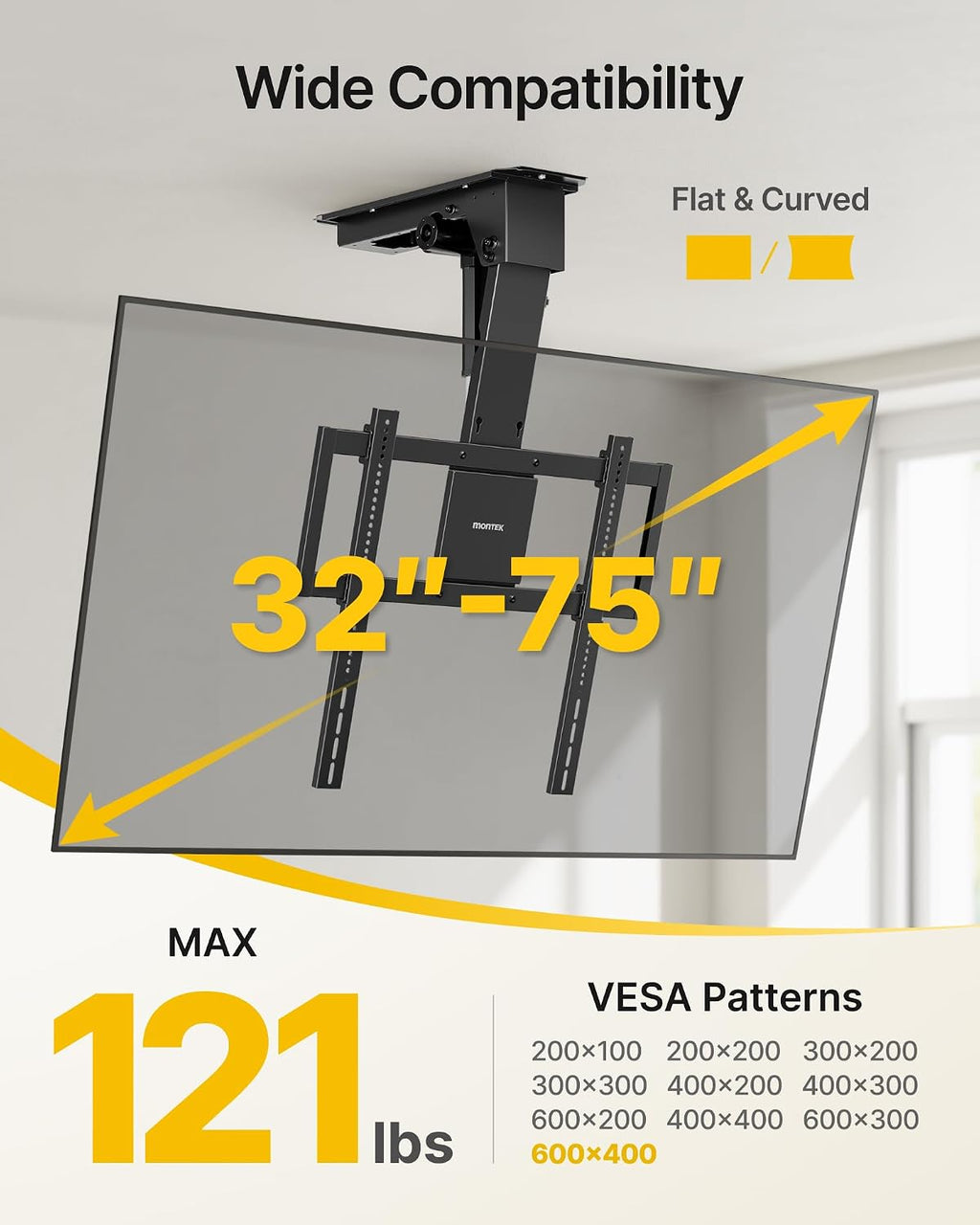 monTEK Motorized Ceiling TV Mount for 32-75 Inch TVs up to 121lbs, Heavy-Duty Electric Flip Down Ceiling Mount, Off-Center TV Compatible, Remote/App/Voice Control, Fits Flat & Pitched Roof