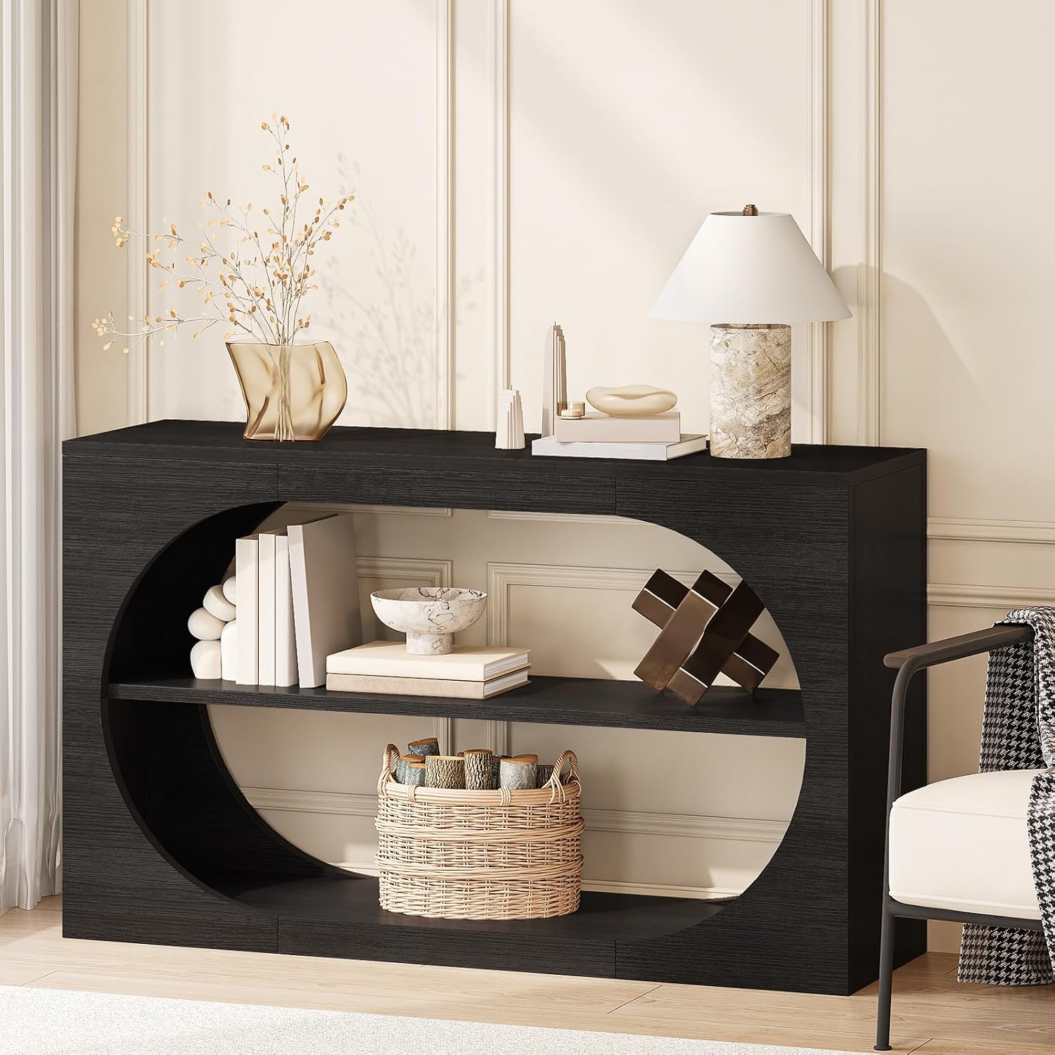 55-Inch Entryway Table with Storage, 3-Tier Console Tables, Behind Couch Table Wood Narrow Console Tables for Entryway, Living Room, Foyer, Hallway, Entry (Black)