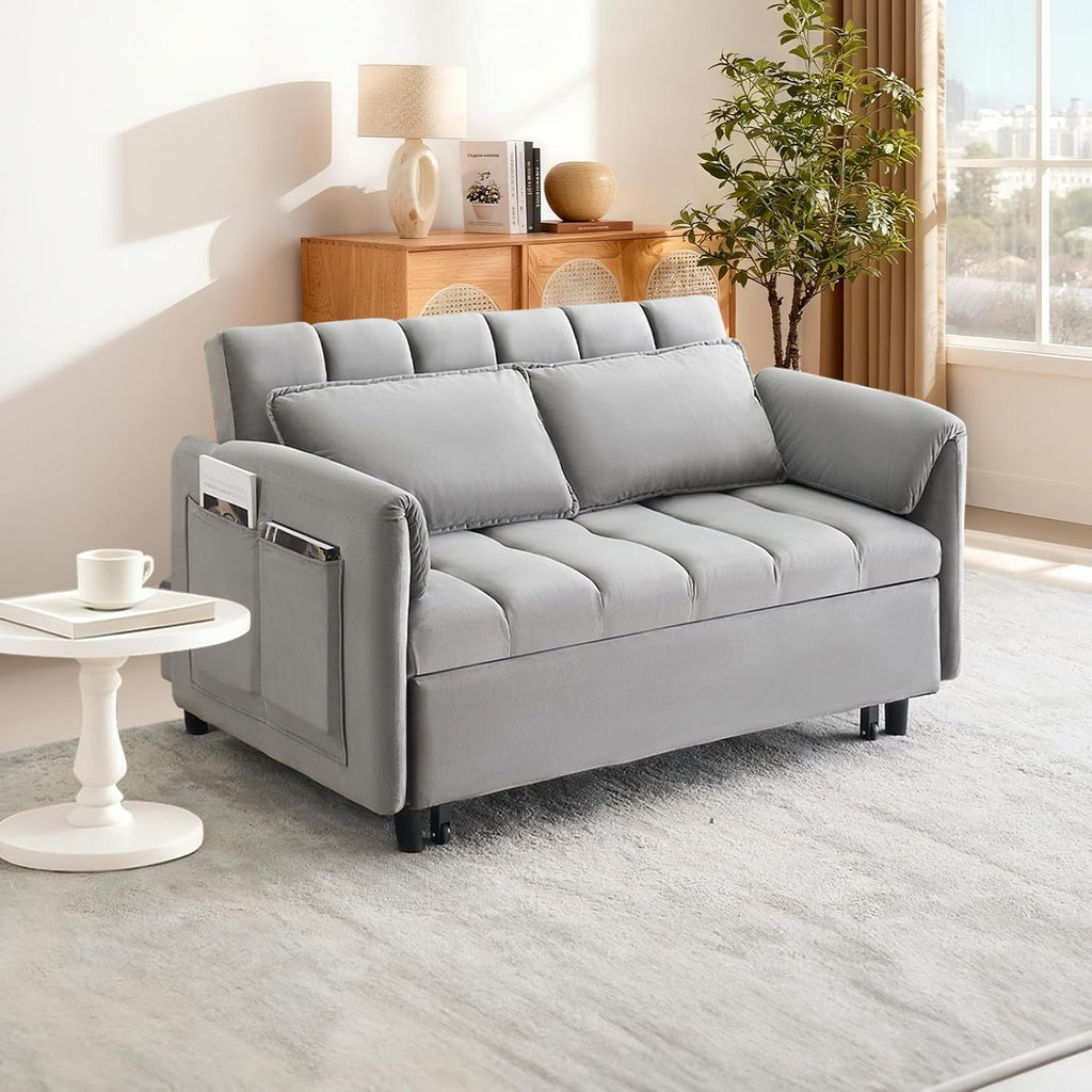 CAPCAEK 3 in 1 Convertible Sleeper Sofa Bed, Modern Velvet Loveseat Pull-Out Couch w/Pullout Bed, Small Love Seat Lounge Sofa w/Reclining Backrest,Toss Pillows, Pockets, for Living Room