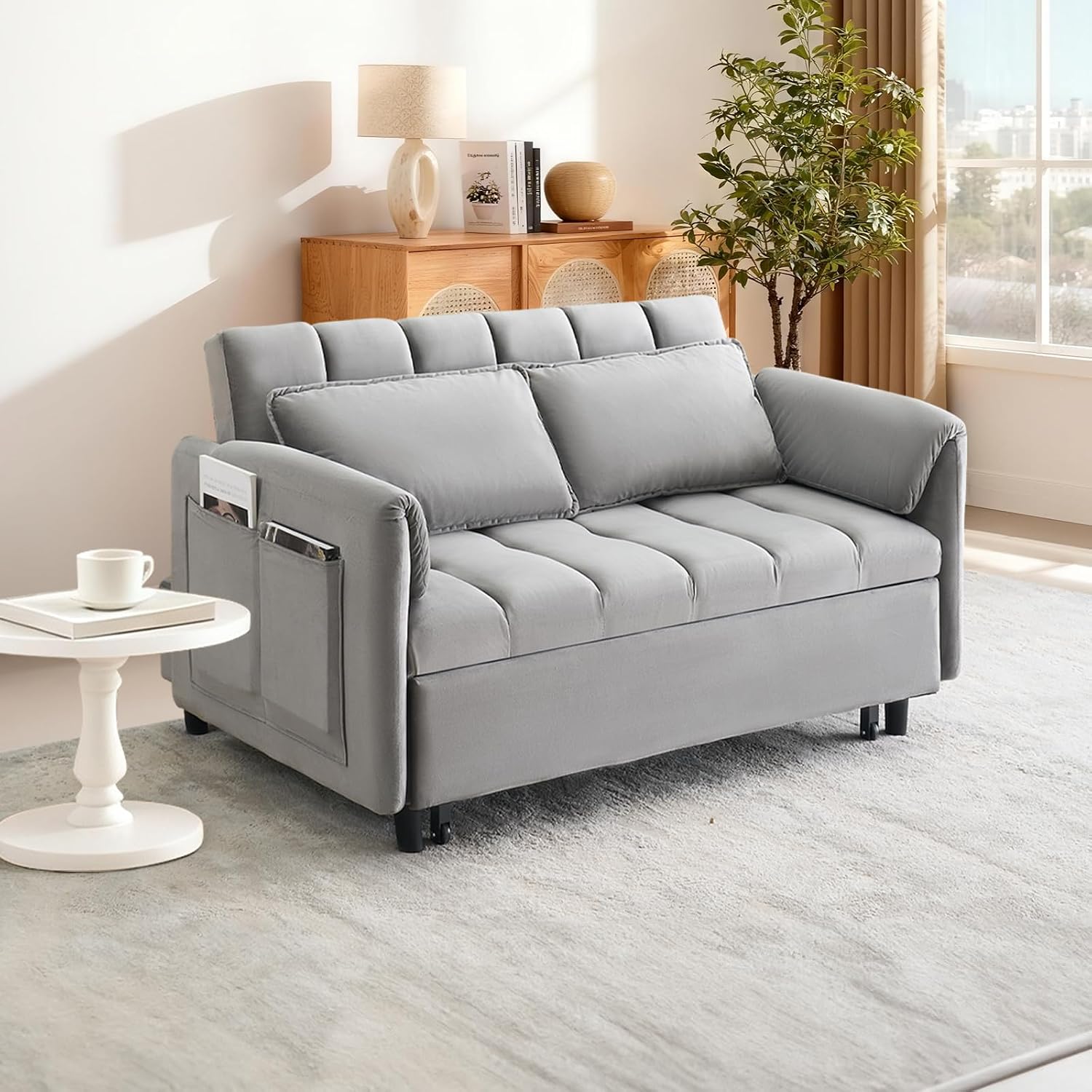 CAPCAEK 3 in 1 Convertible Sleeper Sofa Bed, Modern Velvet Loveseat Pull-Out Couch w/Pullout Bed, Small Love Seat Lounge Sofa w/Reclining Backrest,Toss Pillows, Pockets, for Living Room