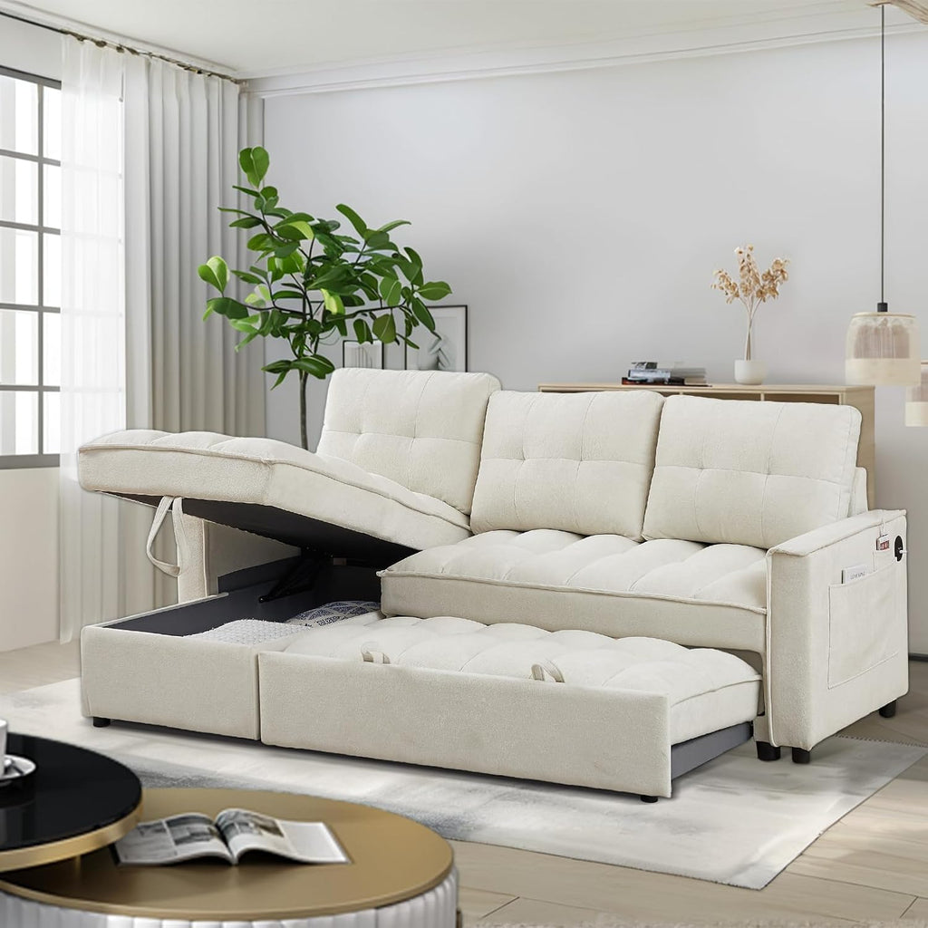 78.75' Sleeper Sofa Couch,Modern L-Shaped Couches, Pull Out Couch with USB Ports&Side Pocket,Sleeper Sectional Sofa for Living Room Apartment,Chenille(Beige)