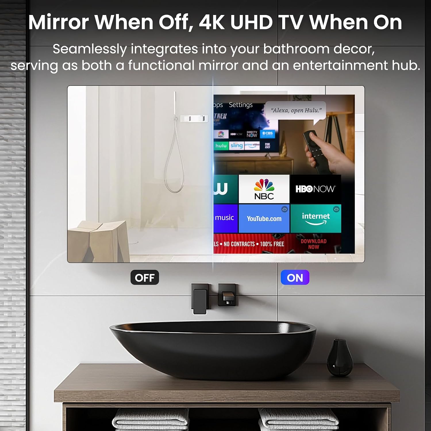Haocrown 32' Bathroom Mirror TV, 4K Smart Waterproof TV (IP66), Android 13, Voice Remote with Mic, Built-in Apps, ATSC Tuner, 500 Nits, Wall Mount, Silver Frame (2025)