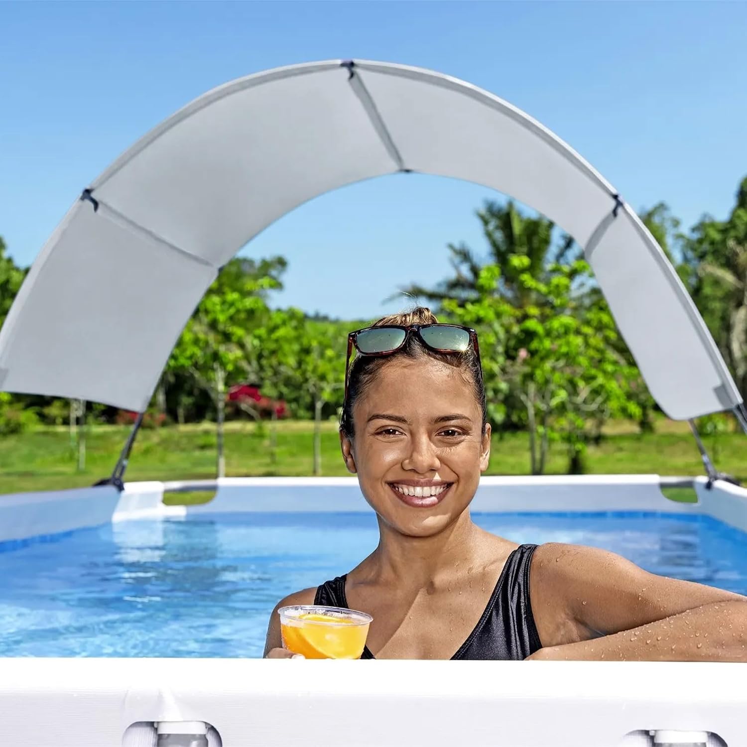 Bestway Flowclear Pool Canopy for 6' 11' to 11' 2' Above Ground Outdoor Oval or Rectangular Swimming Pools with UPF 40 Plus Sun Protection, Gray