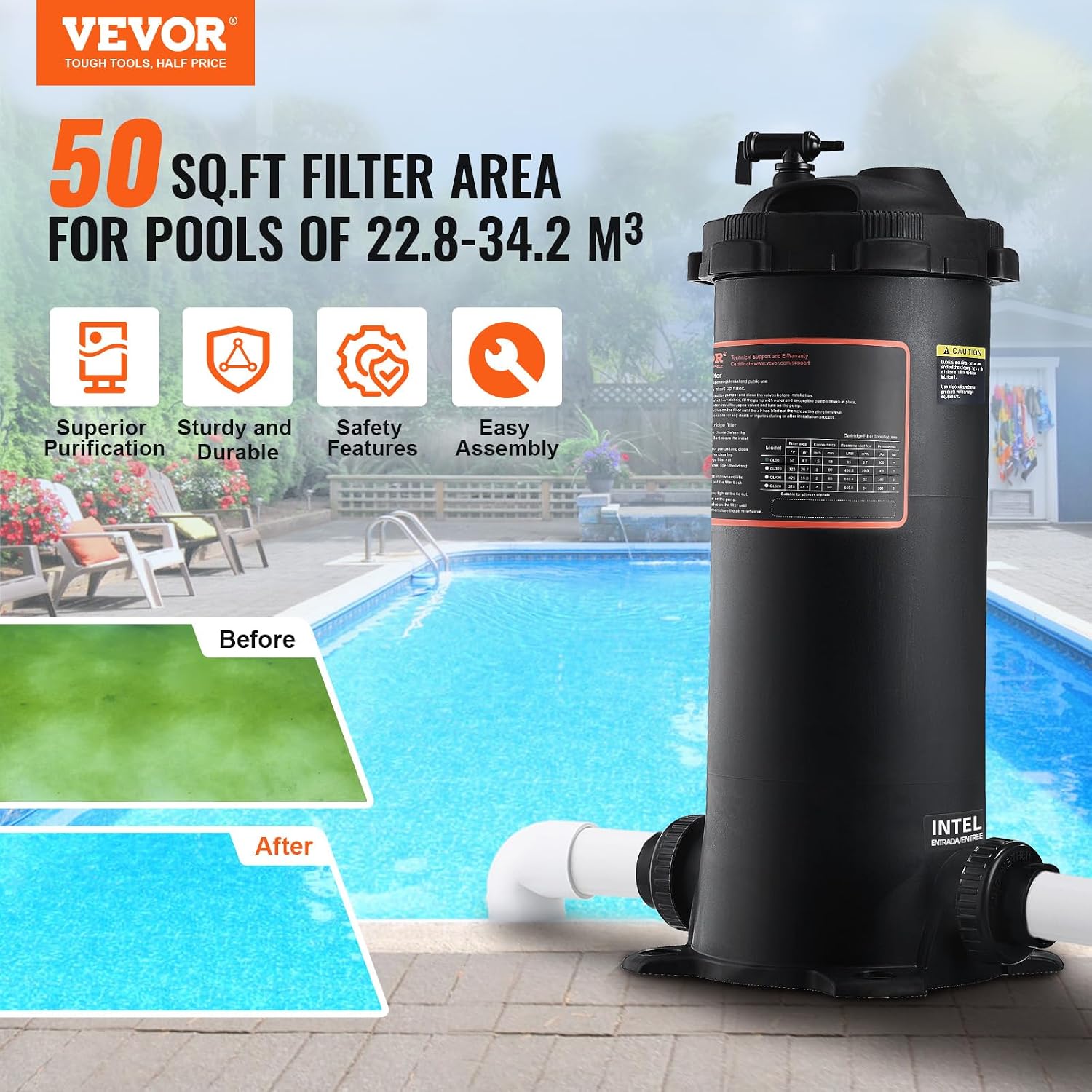 VEVOR 2026 Pro Pool Cartridge Filter Tank & Element for Above Ground & Inground Pools, Large 50Sq. Ft Cleaner System Compatible W/Pumps 1/3 to 1 HP| Up to 2483 GPH |for Pools Up to 19866 Gallons